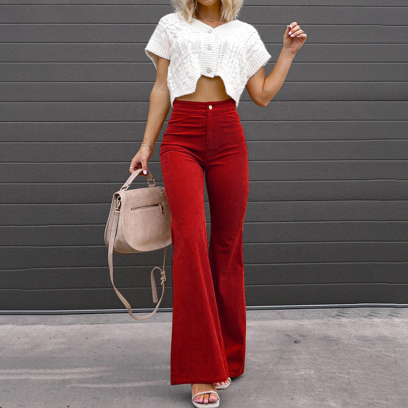 Women's High Waist Corduroy Flared Trousers – Flattering Fit Crimson