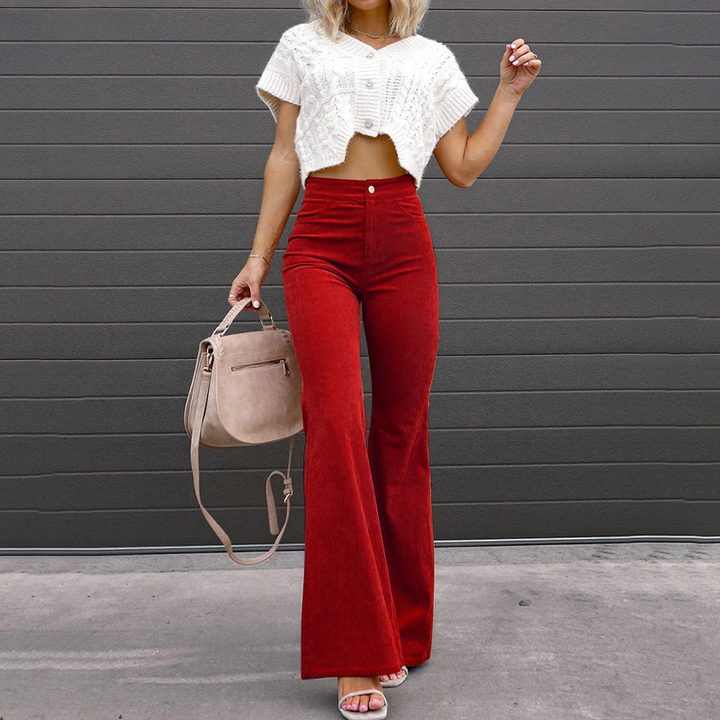 Women's High Waist Corduroy Flared Trousers – Flattering Fit Crimson