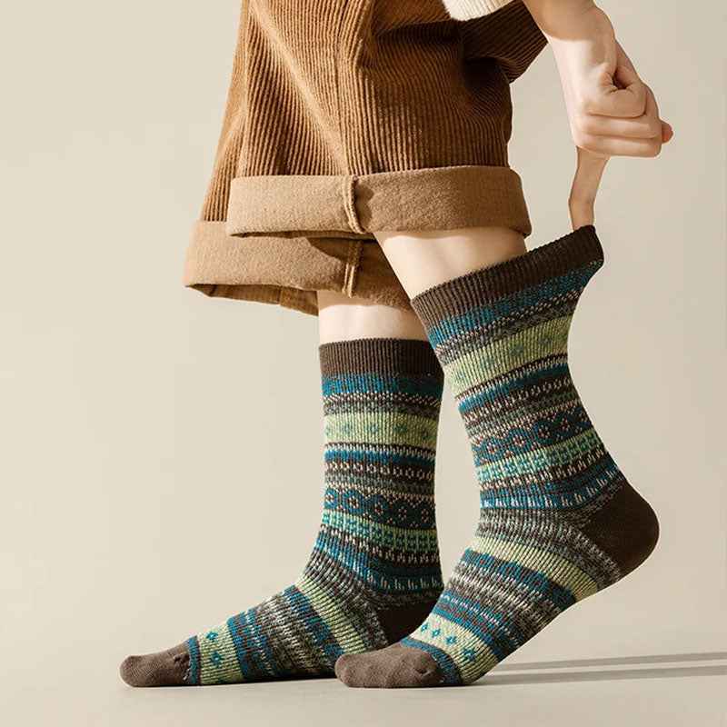 Fair Isle Ribbed Cuff Crew Socks Brown