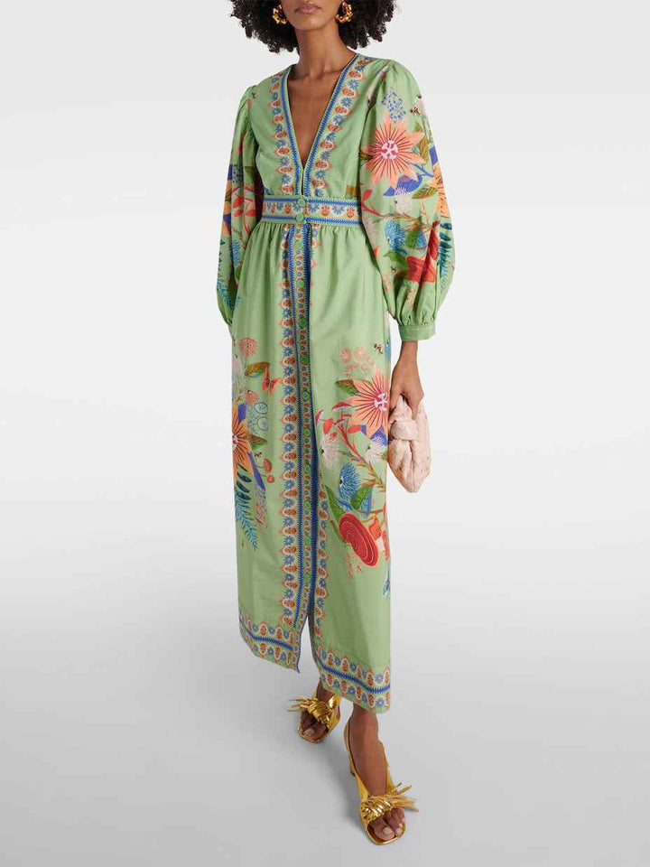 Women's Floral V-Neck Midi Dress with Single Breasted Design Green