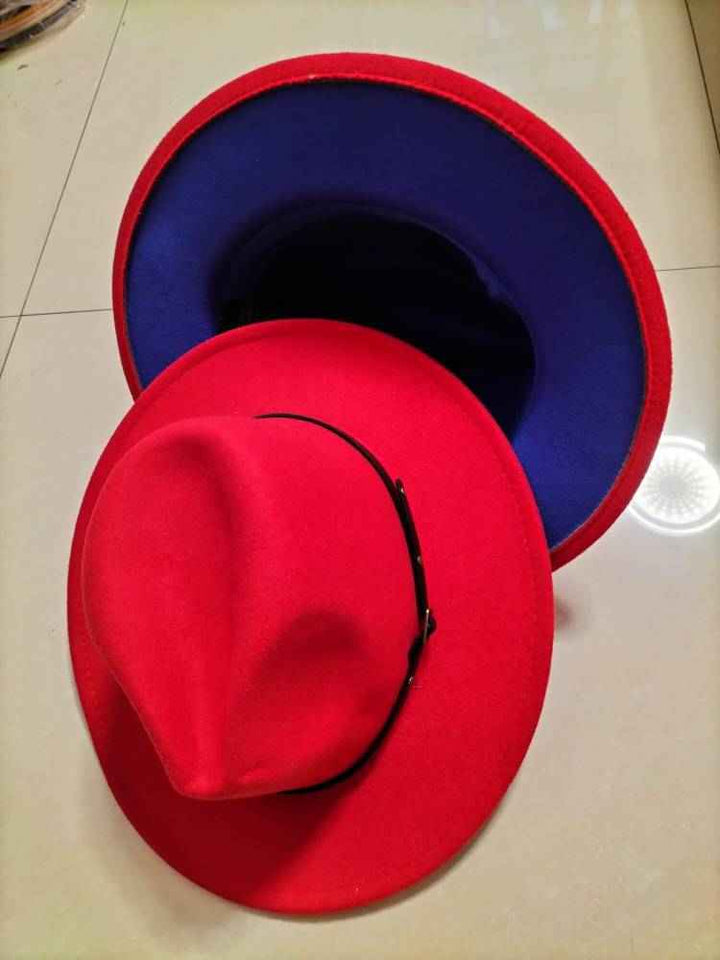 Stylish Color-Block Fedora Hat for Trendy Jazz Lovers A red inner sapphire blue M