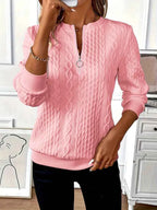 Women's Cable Knit Sweater - Round Neck, Long Sleeve, Zipper Detail Pink