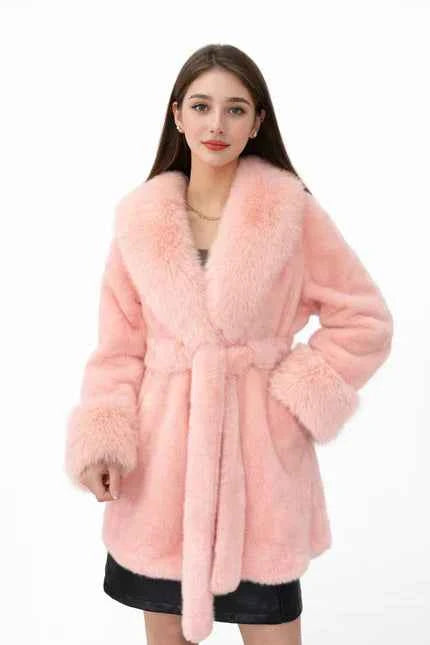 Women's Plush Faux Fur Trim Belted Coat with Statement Collar