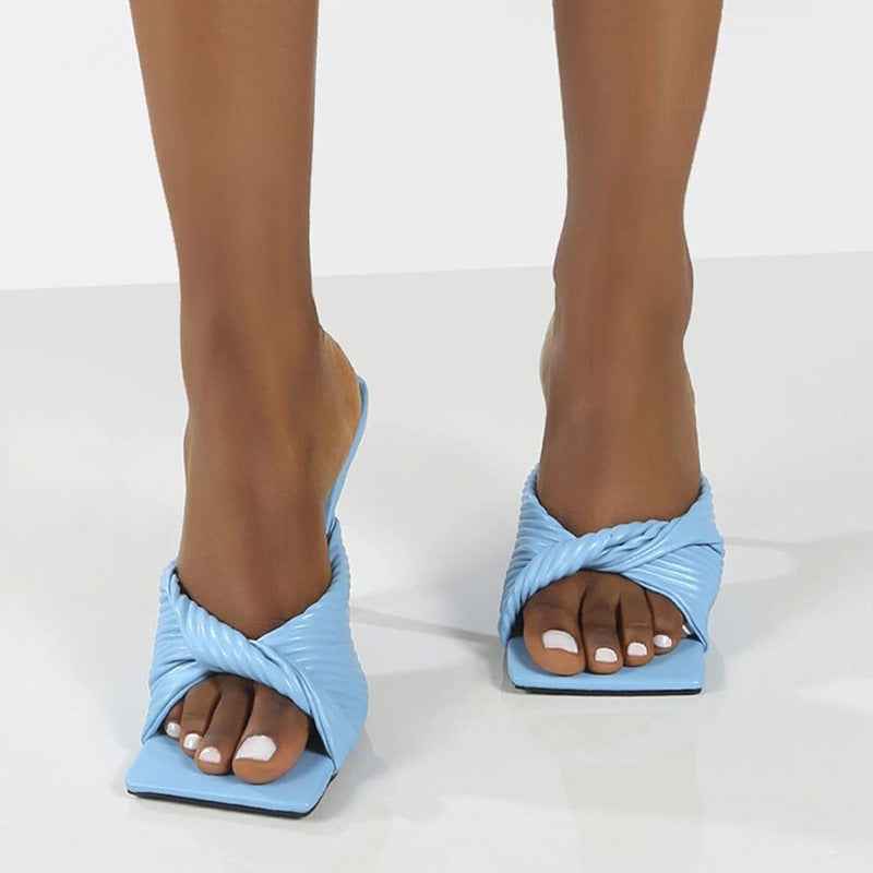Women Summer Bow Shoes Square Toe Stiletto High Heel Sandals Sky blue
