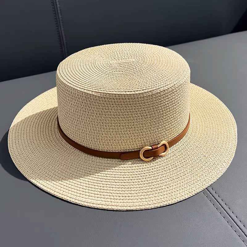 Flat Straw Hat Women's Summer Seaside UV Protection Beige Free Size