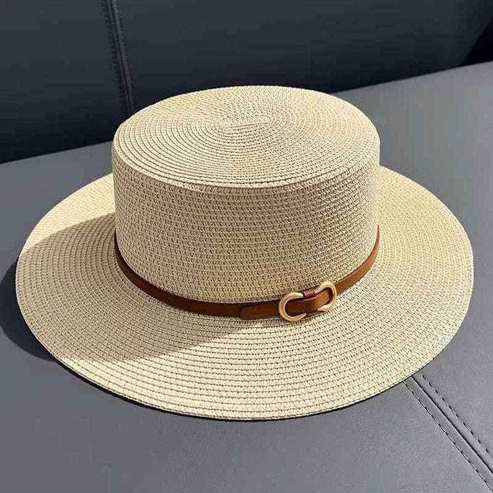 Flat Straw Hat Women's Summer Seaside UV Protection Beige Free Size