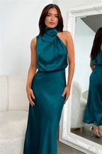 Women's Satin Look Halter Maxi Dress – Sleeveless with Elegant Draping Blue Green