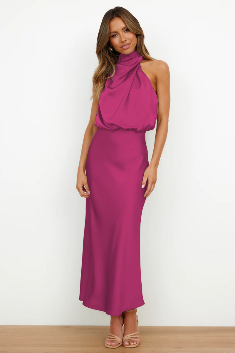 Women's Satin Look Halter Maxi Dress – Sleeveless with Elegant Draping Pink Purple