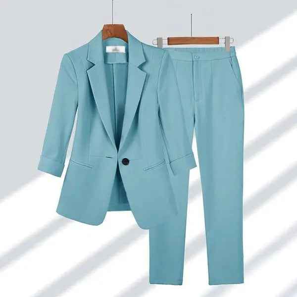 Women's Tailored Blazer and Straight Trousers Set – Formal Fit Blue