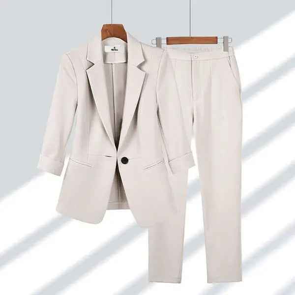 Women's Tailored Blazer and Straight Trousers Set – Formal Fit Beige