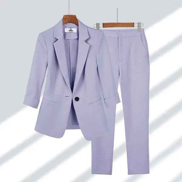Women's Tailored Blazer and Straight Trousers Set – Formal Fit Purple