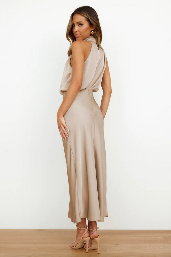 Women's Satin Look Halter Maxi Dress – Sleeveless with Elegant Draping