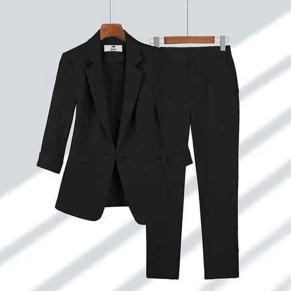 Women's Tailored Blazer and Straight Trousers Set – Formal Fit Black