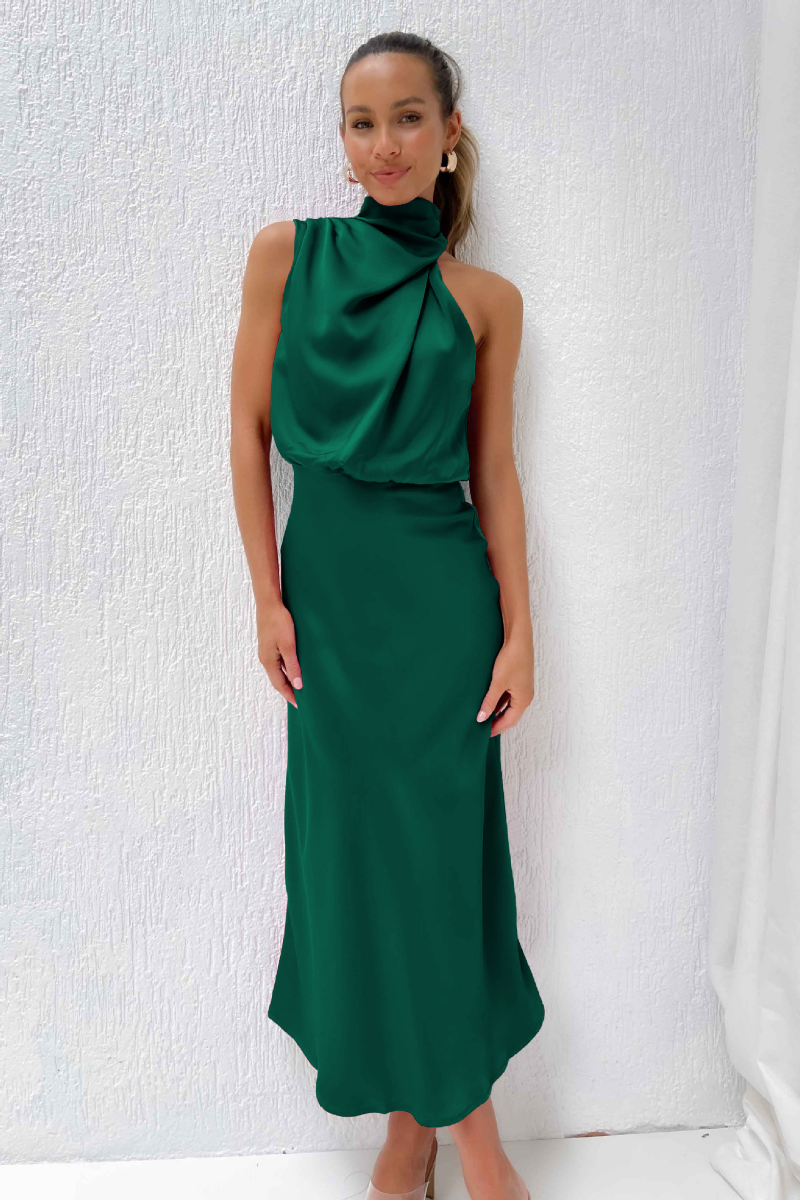 Women's Satin Look Halter Maxi Dress – Sleeveless with Elegant Draping Green
