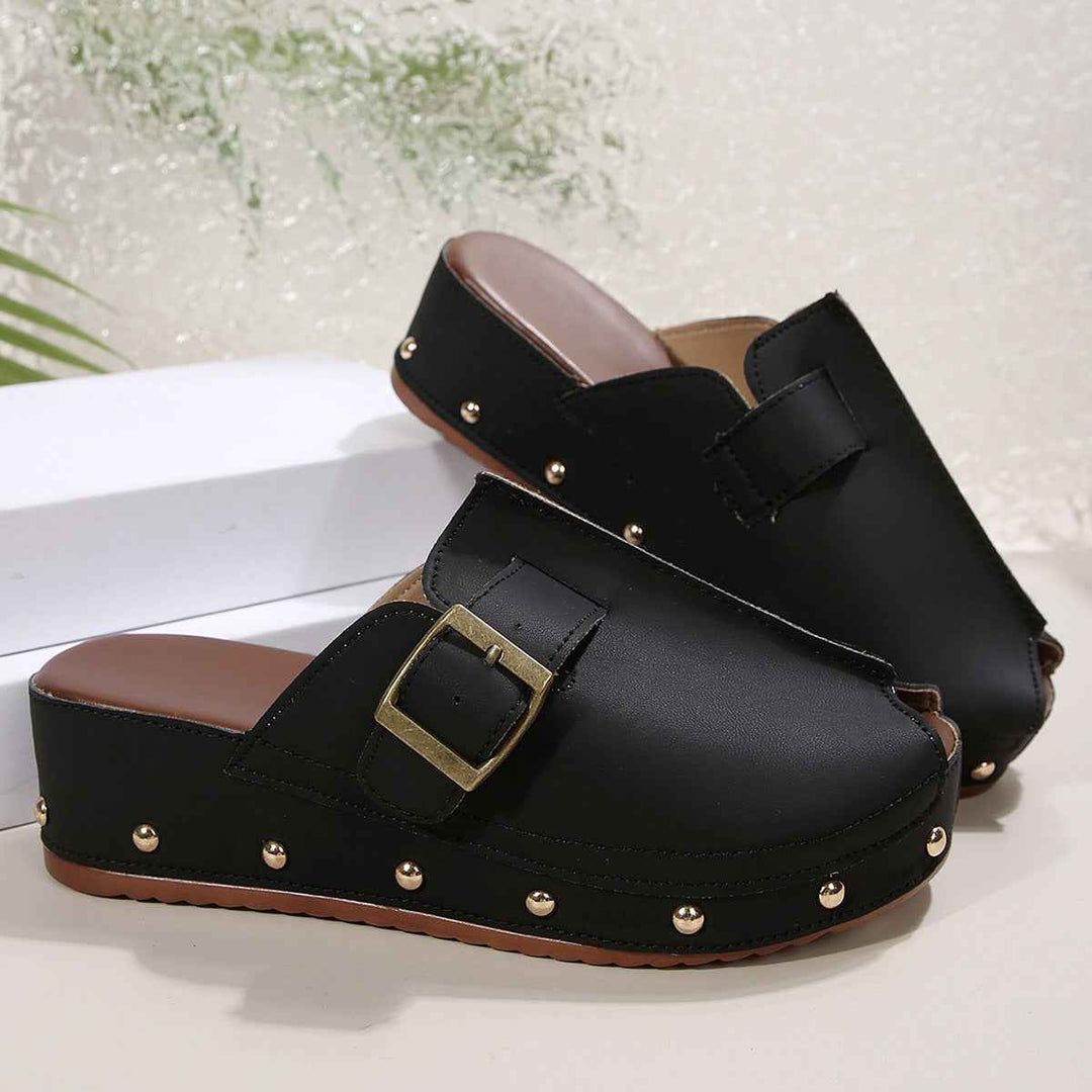 Summer Fish Mouth Wedges Sandals With Rivet Buckle Design Fashion Thick Bottom Slippers For Women Outdoor Non-slip Slides Black