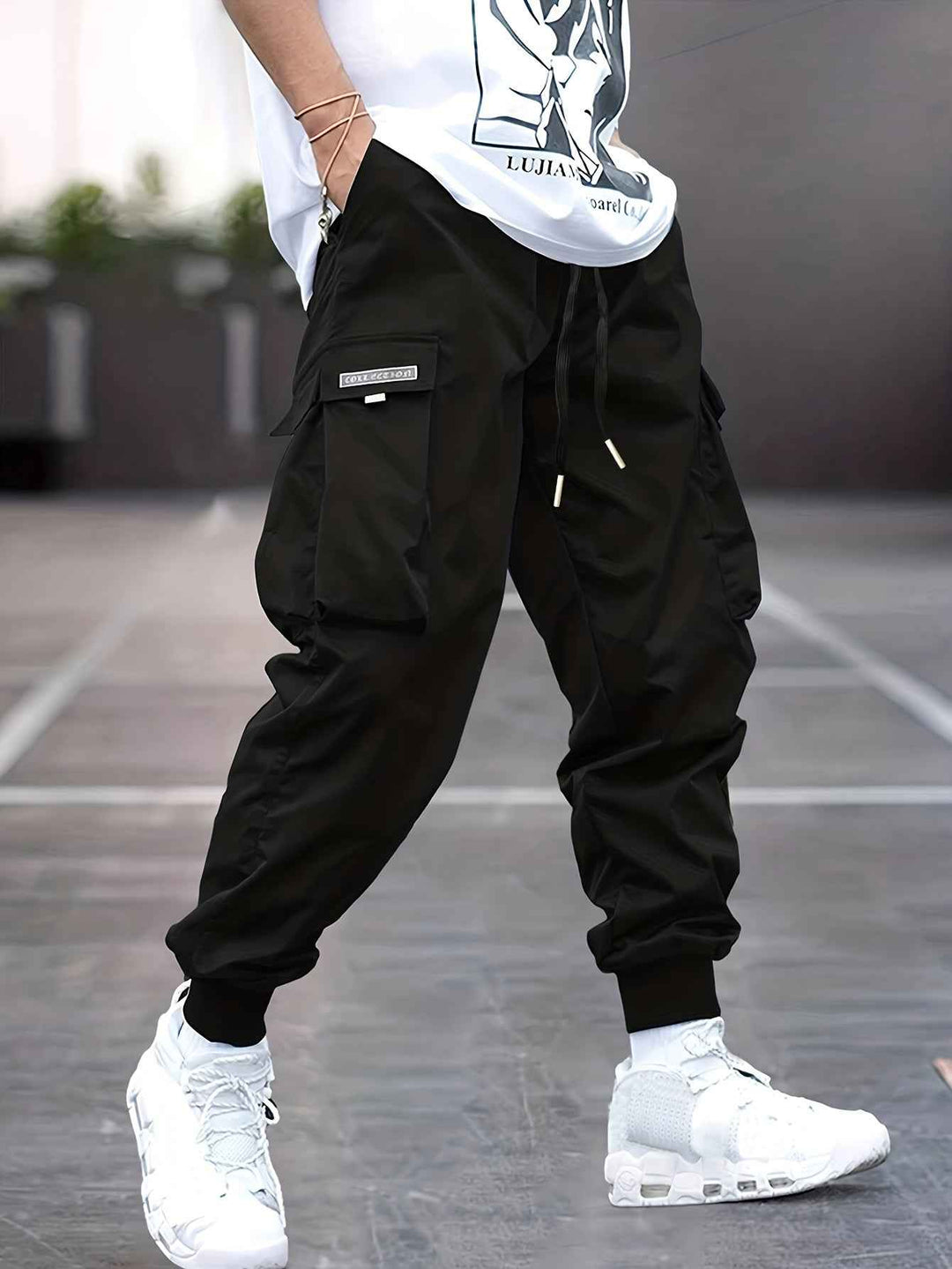 Men's Cargo Pants with Drawstring Black