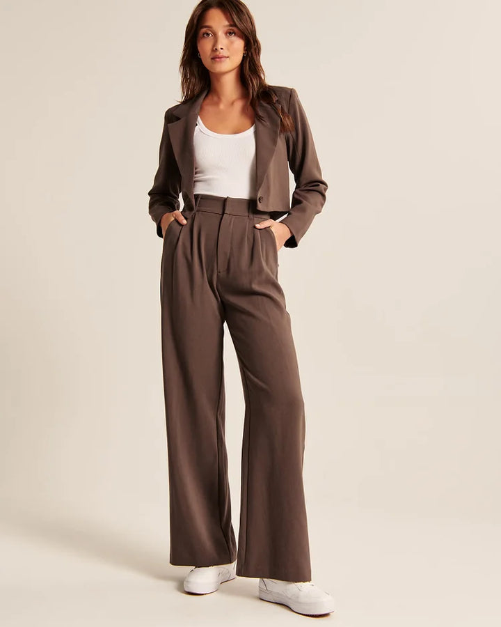 Jiska | Women's Stylish High Waist Wide Leg Trousers - Trendy & Comfy Dark Brown