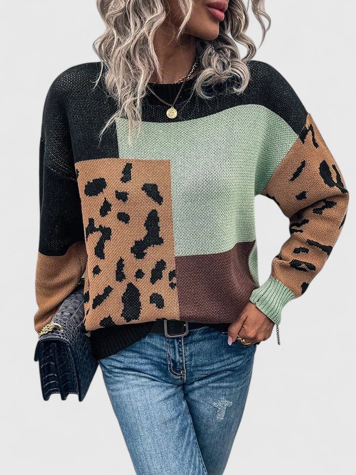 Women's Color-Block Leopard Knit Sweater Black One Size