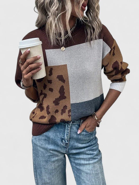 Women's Knit Oversized Crew Neck Relaxed Fit Color Block Black Sweater