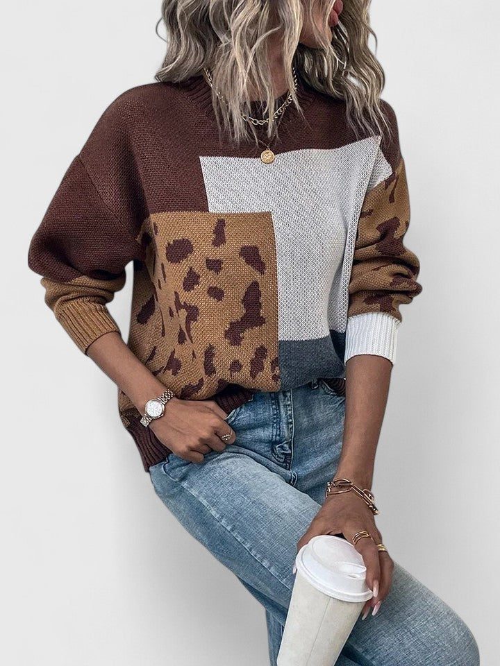 Women's Color-Block Leopard Knit Sweater Brown One Size