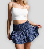 Women's Boho Print Mini Skirt - Layered Ruffles & Elastic Waist - Comfortable Fit Dark Blue