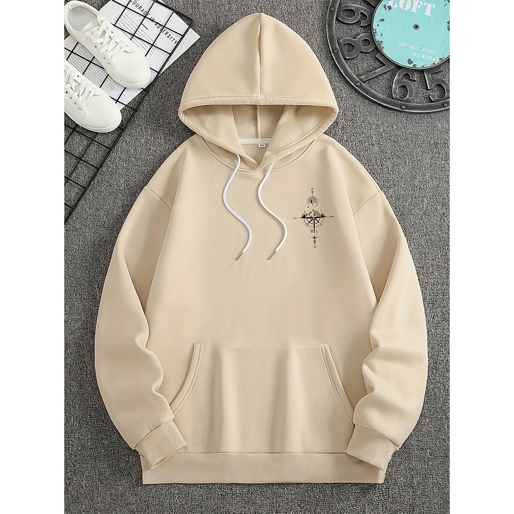 Men's Casual Hoodie - Regular Fit - Compass Print - Cotton - Drawstring Hood Apricot