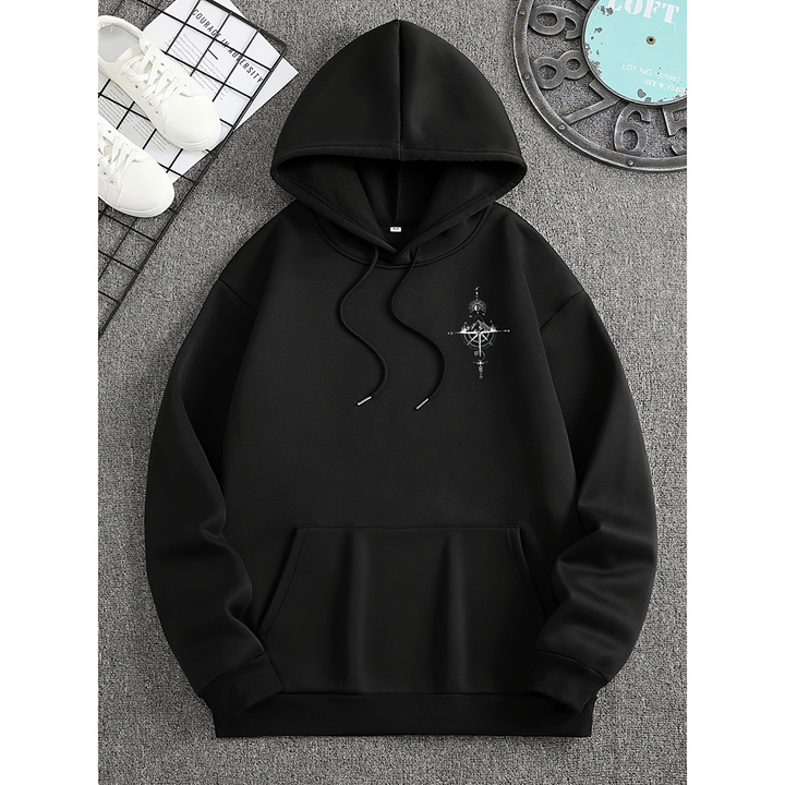Men’s Compass Print Casual Hoodie – Regular Fit Cotton Black