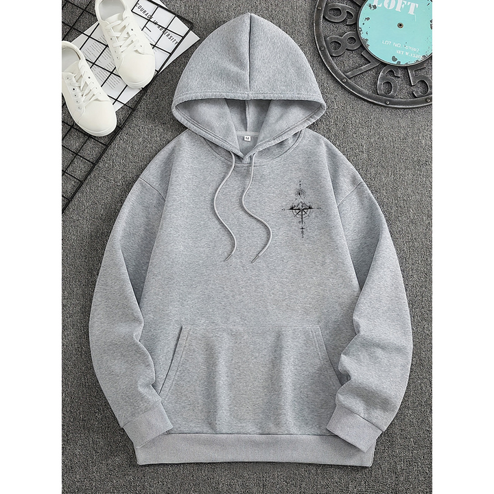 Men’s Compass Print Casual Hoodie – Regular Fit Cotton Grey