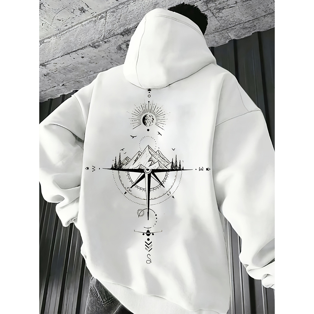 Men's Casual Hoodie - Regular Fit - Compass Print - Cotton - Drawstring Hood