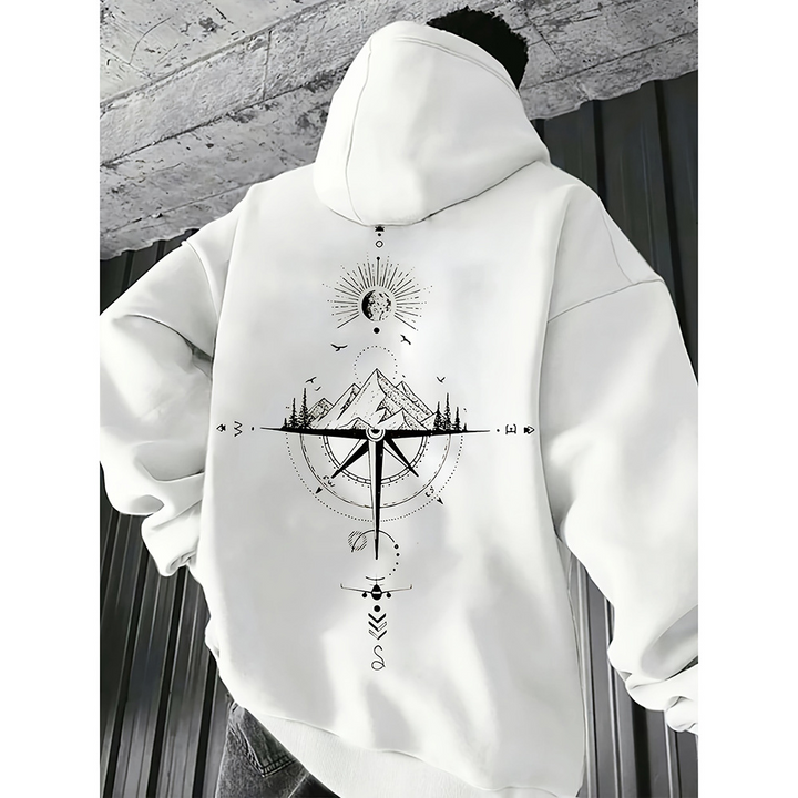 Men’s Compass Print Casual Hoodie – Regular Fit Cotton