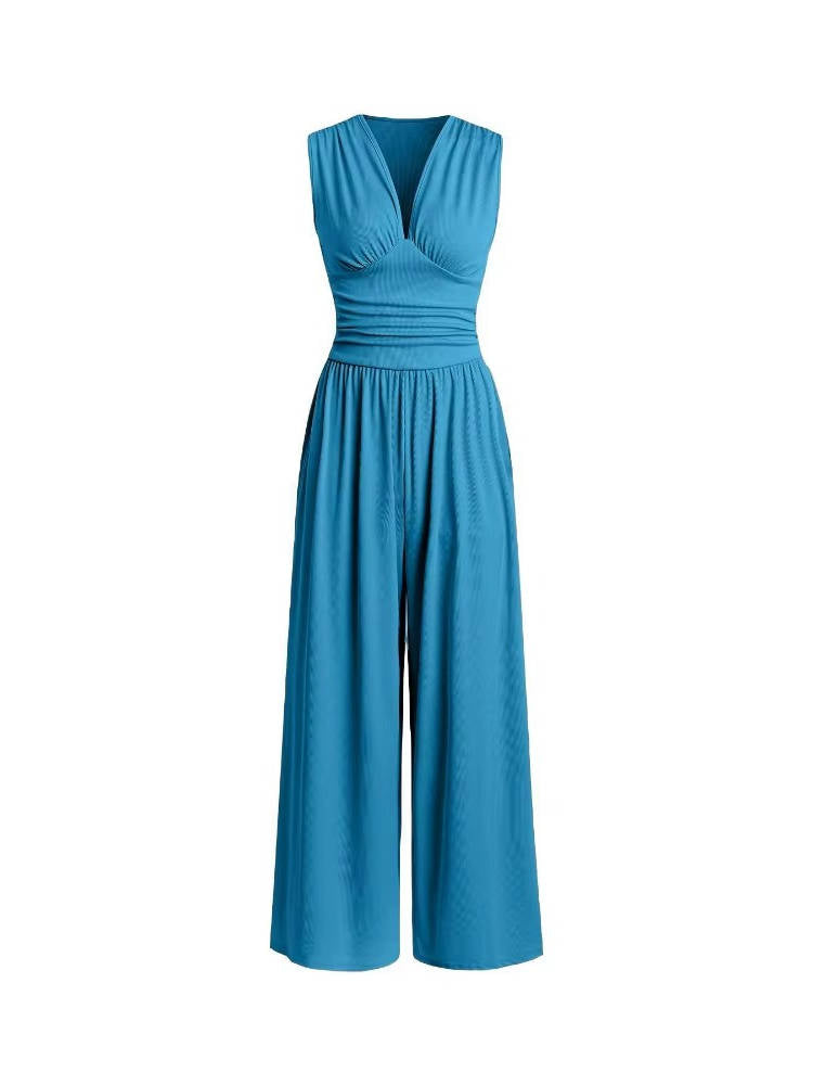 Dame ribstrikket ærmeløs jumpsuit med dyb V-hals og vid ben-design