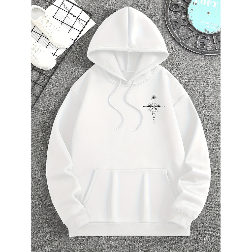 Men’s Compass Print Casual Hoodie – Regular Fit Cotton White
