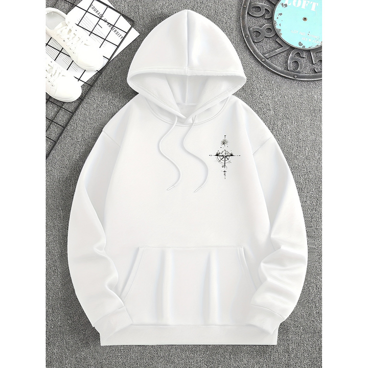Men’s Compass Print Casual Hoodie – Regular Fit Cotton White