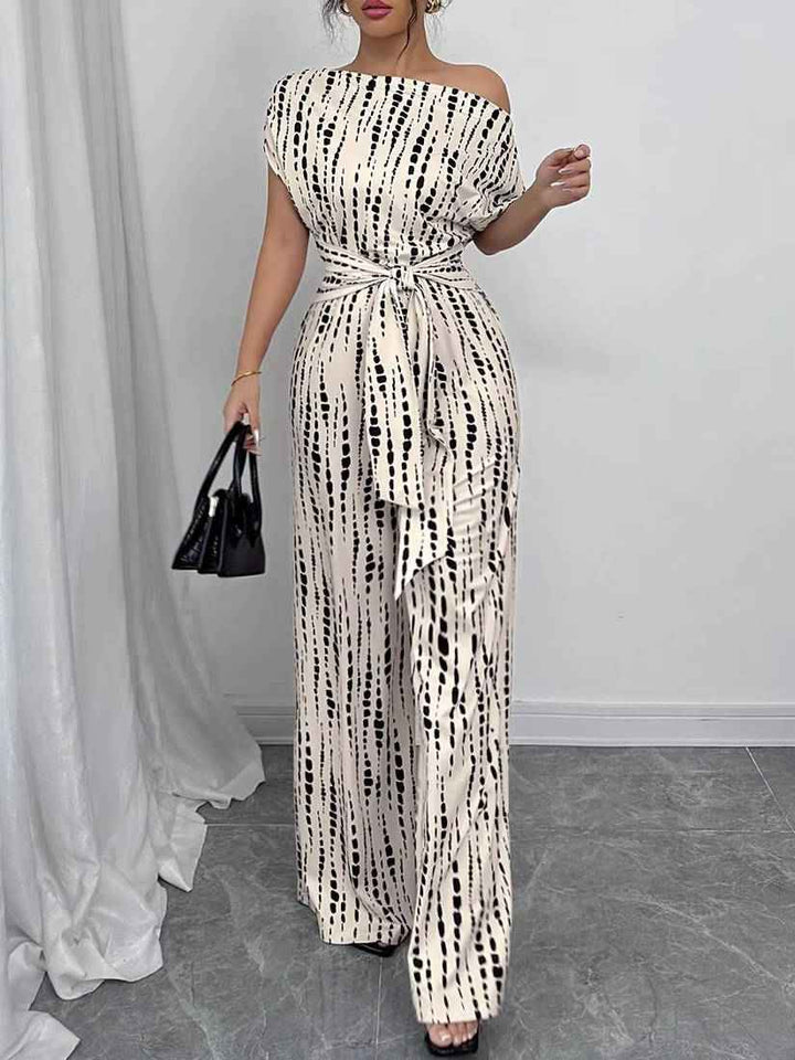 Women's Asymmetric One Shoulder Patterned Jumpsuit with Tie Waist