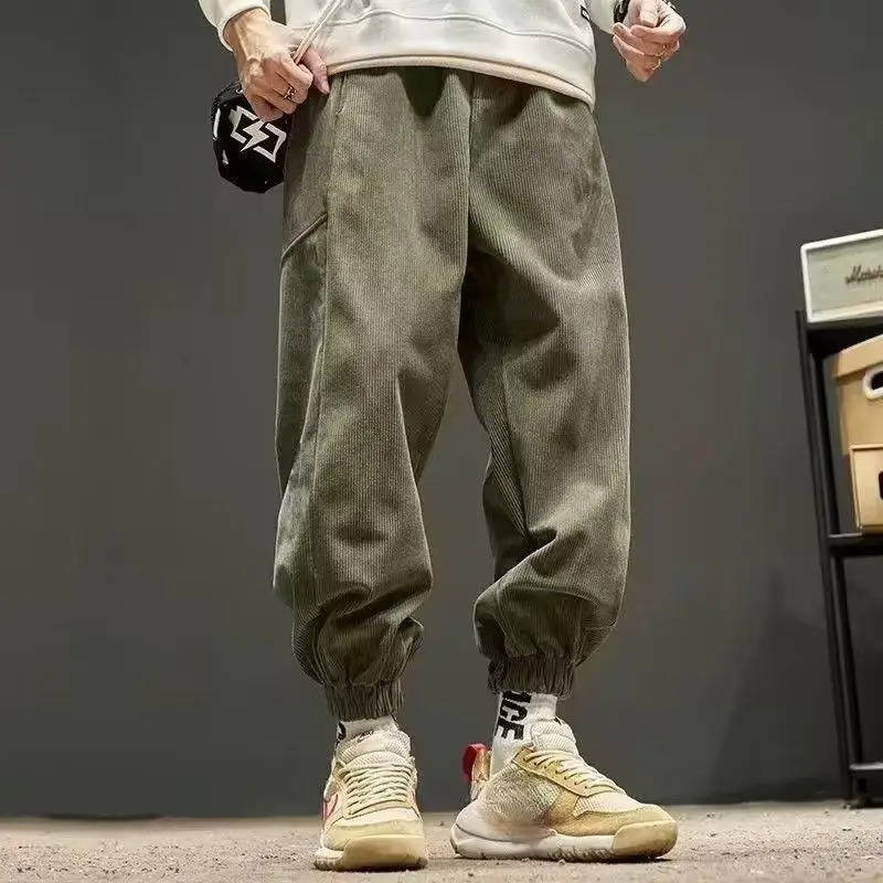 Men's Loose Fit Corduroy Jogger Pants with Elastic Cuffs Green