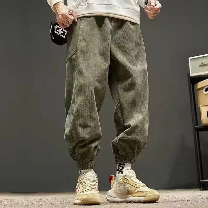 Men's Loose Fit Corduroy Jogger Pants with Elastic Cuffs Green
