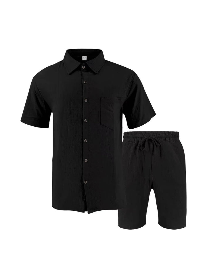 Men's Linen Short Sleeve Button Down Shirt and Shorts Set, Summer
