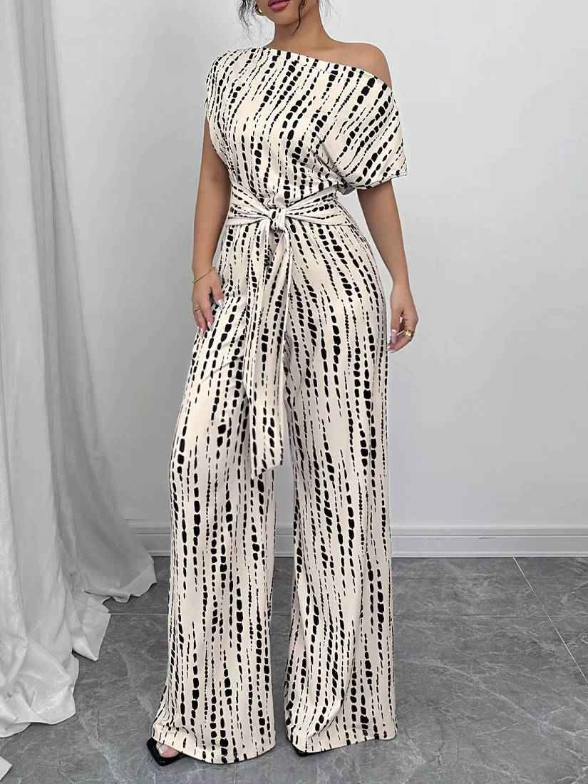 Women's Asymmetric One Shoulder Patterned Jumpsuit with Tie Waist