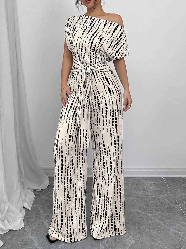 Women's Asymmetric One Shoulder Patterned Jumpsuit with Tie Waist