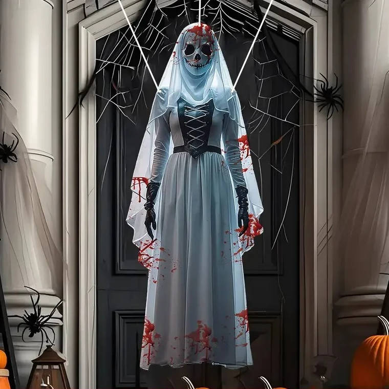 Halloween's Skull Bride Hanging Decoration - Weather Resistant with Hooks White