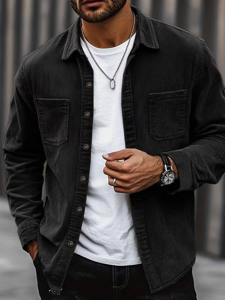 Men's Casual Corduroy Button-Up Shirt Black