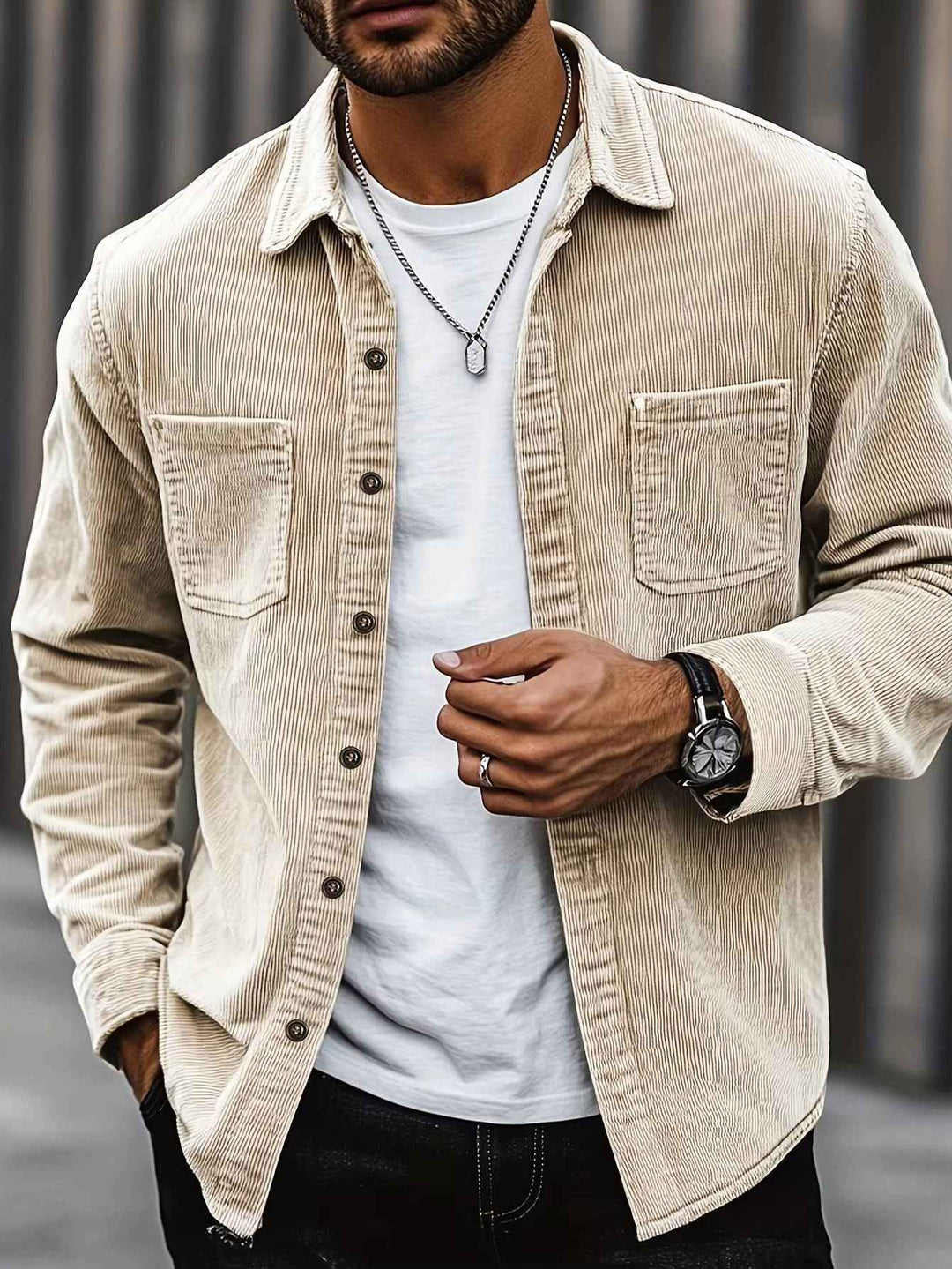 Men's Casual Corduroy Button-Up Shirt Beige