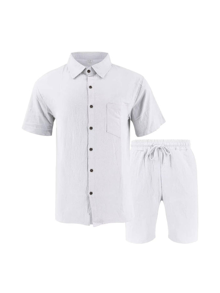 Men's Linen Short Sleeve Button Down Shirt and Shorts Set, Summer