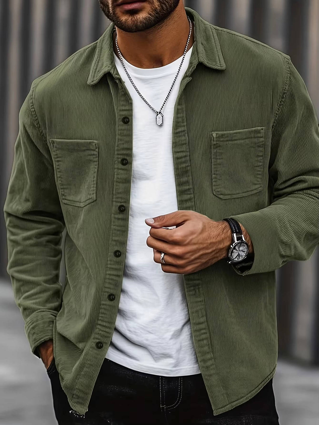 Men's Casual Corduroy Button-Up Shirt Green