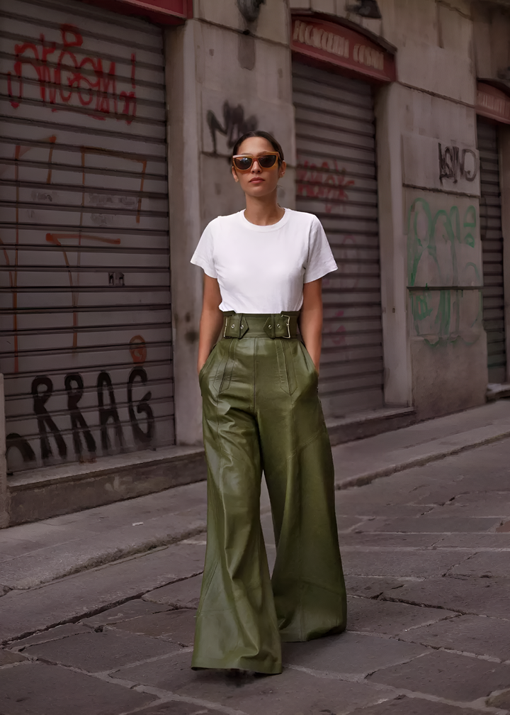 Women's Wide Leg High Waist Leather Pants