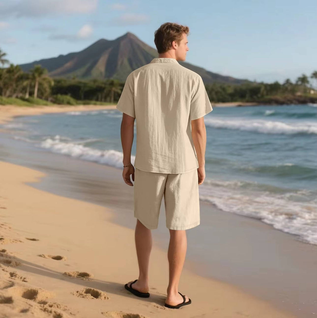 Men's Linen Short Sleeve Button Down Shirt and Shorts Set, Summer