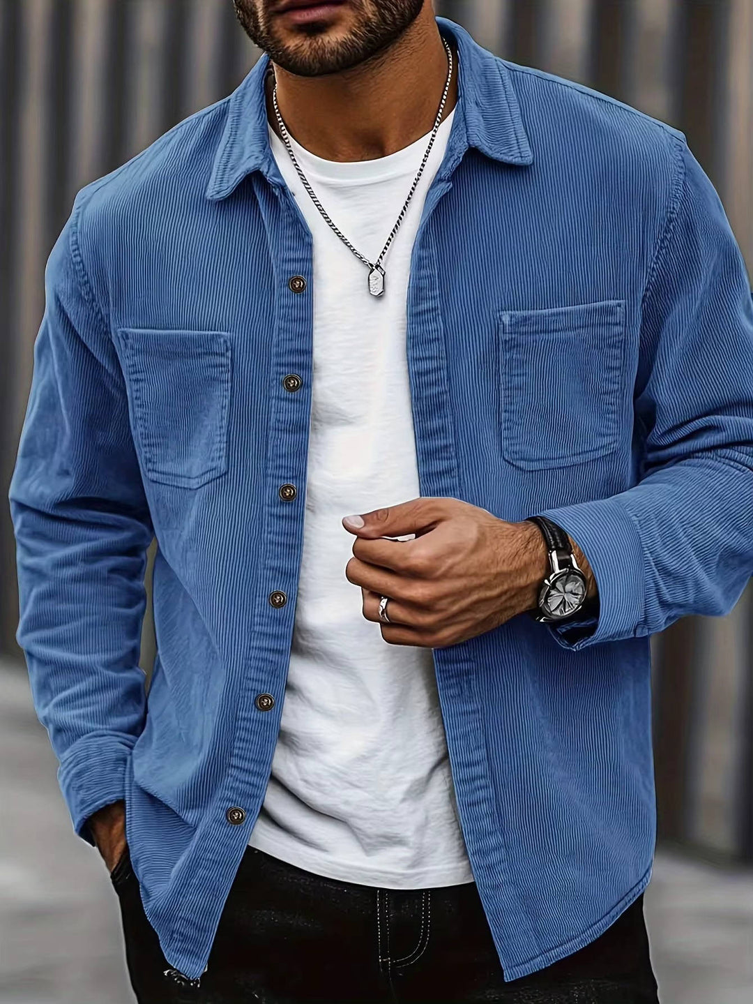 Men's Casual Corduroy Button-Up Shirt Blue