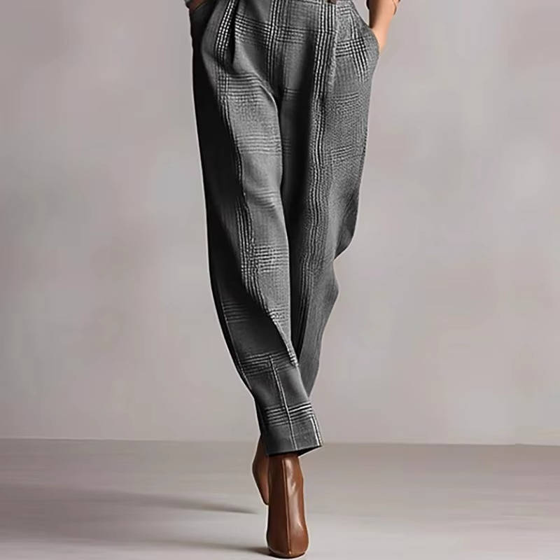 Women's Tailored Long Sleeve Plaid Jumpsuit with Belt