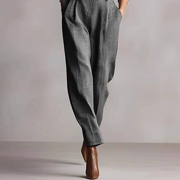 Women's Tailored Long Sleeve Plaid Jumpsuit with Belt