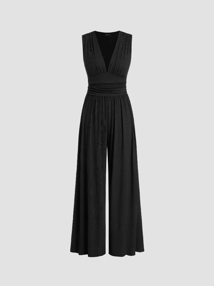 Dame ribstrikket ærmeløs jumpsuit med dyb V-hals og vid ben-design